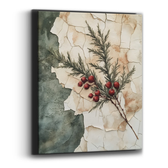 Crimson Berry Evergreen Sprig Vintage Canvas Wall Art