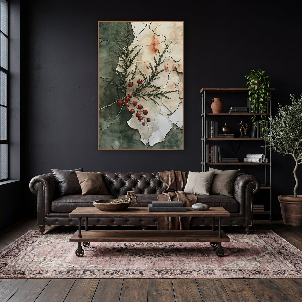 Red Berry Evergreen Sprig Botanical wall art in a moody dark academia room – evergreen sprig with red berries