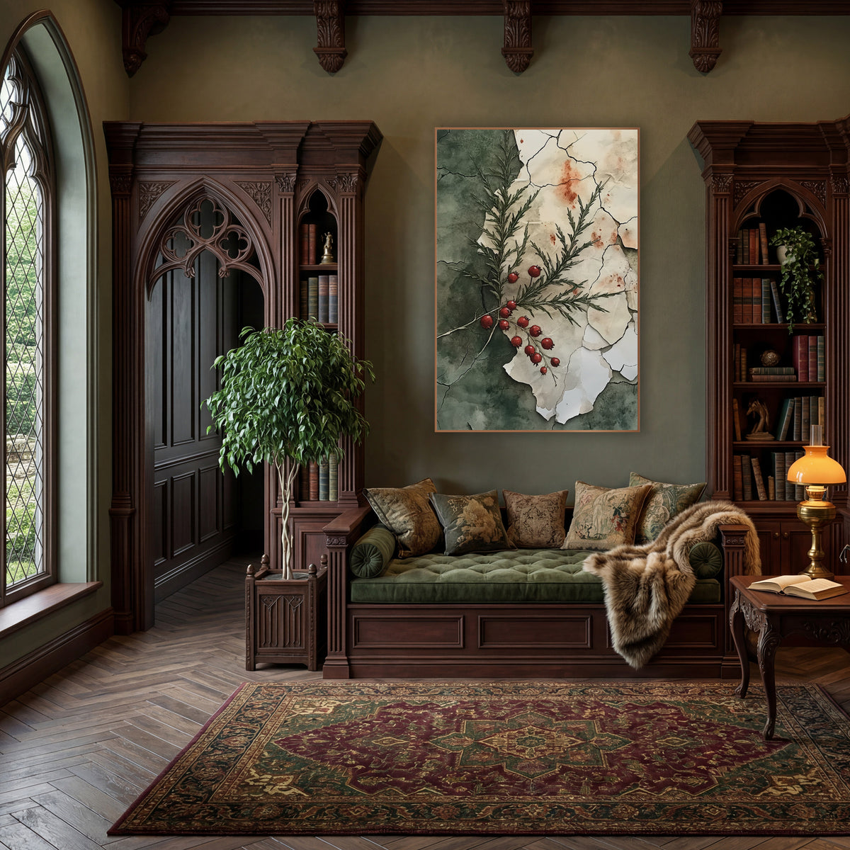 Red Berry Evergreen Sprig Botanical wall art in a moody dark academia room – evergreen sprig with red berries