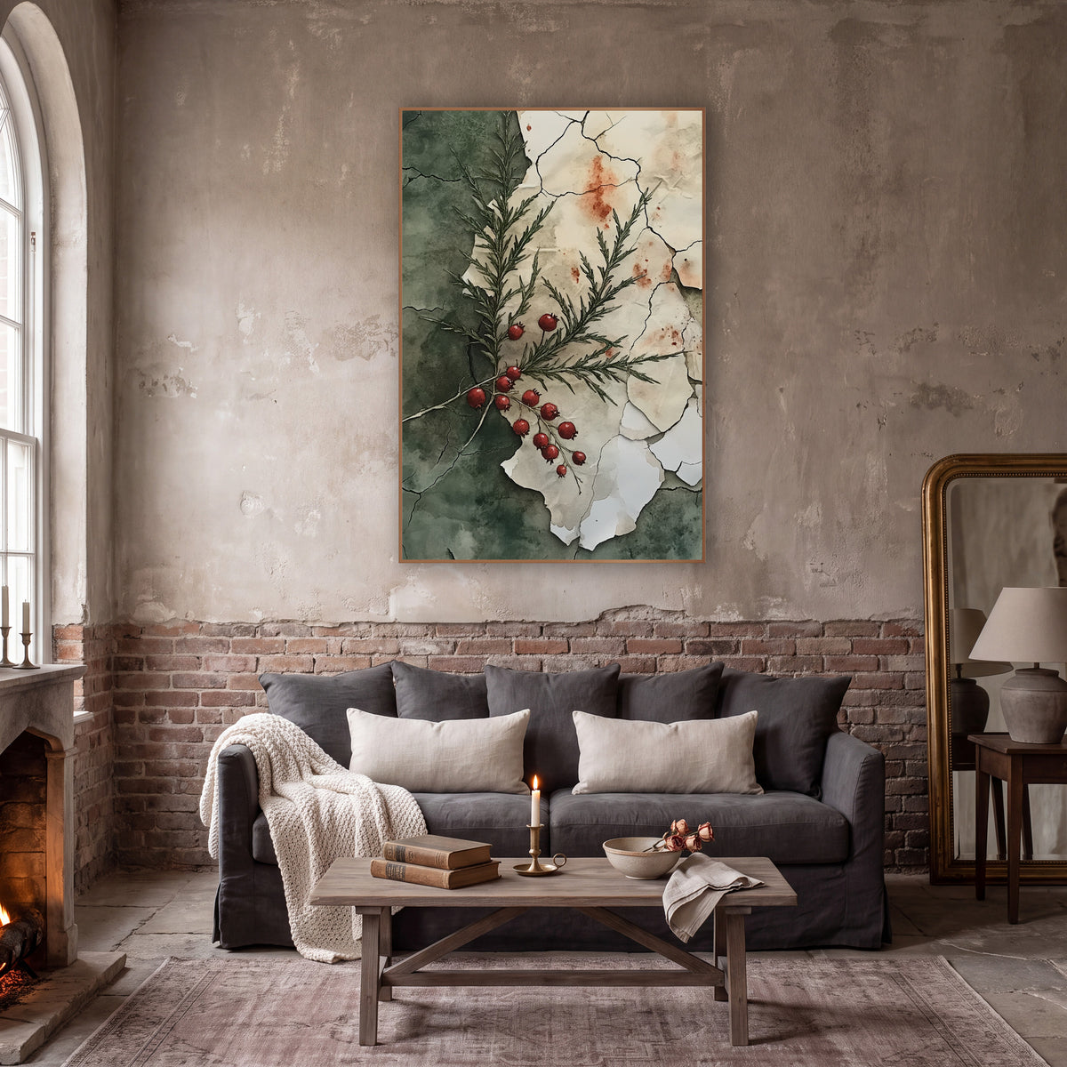 Red Berry Evergreen Sprig Botanical wall art in a moody dark academia room – evergreen sprig with red berries
