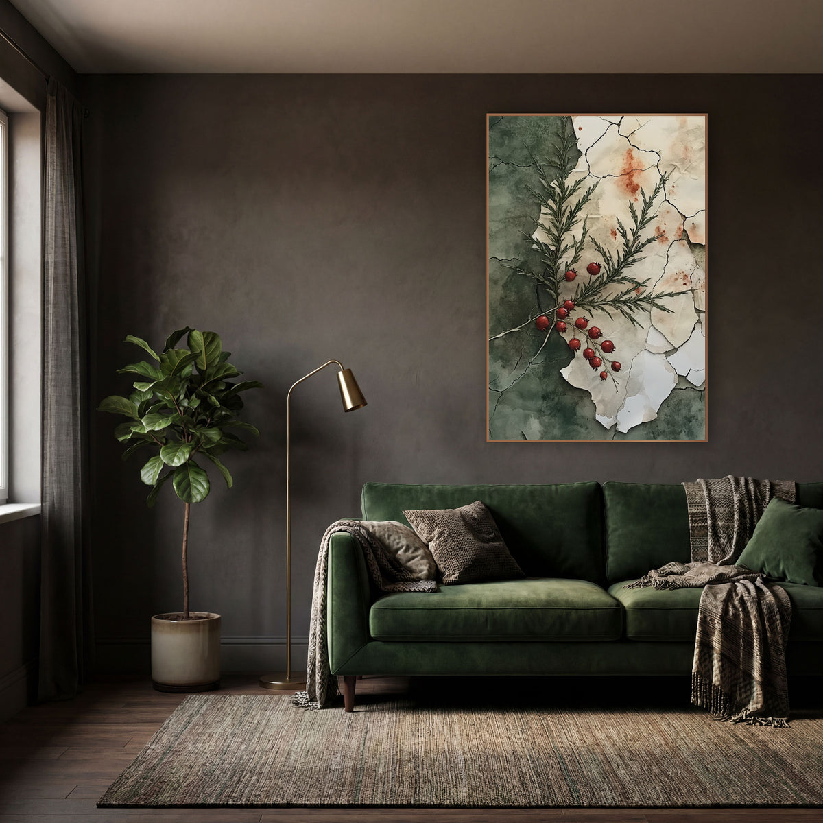 Red Berry Evergreen Sprig Botanical wall art in a moody dark academia room – evergreen sprig with red berries