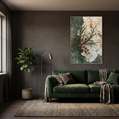 Red Berry Evergreen Sprig Botanical wall art in a moody dark academia room – evergreen sprig with red berries