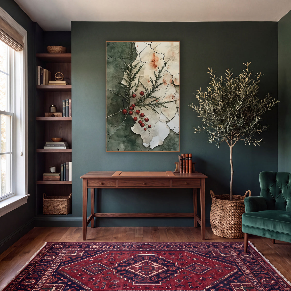 Red Berry Evergreen Sprig Botanical wall art in a moody dark academia room – evergreen sprig with red berries