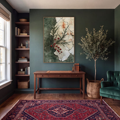 Red Berry Evergreen Sprig Botanical wall art in a moody dark academia room – evergreen sprig with red berries