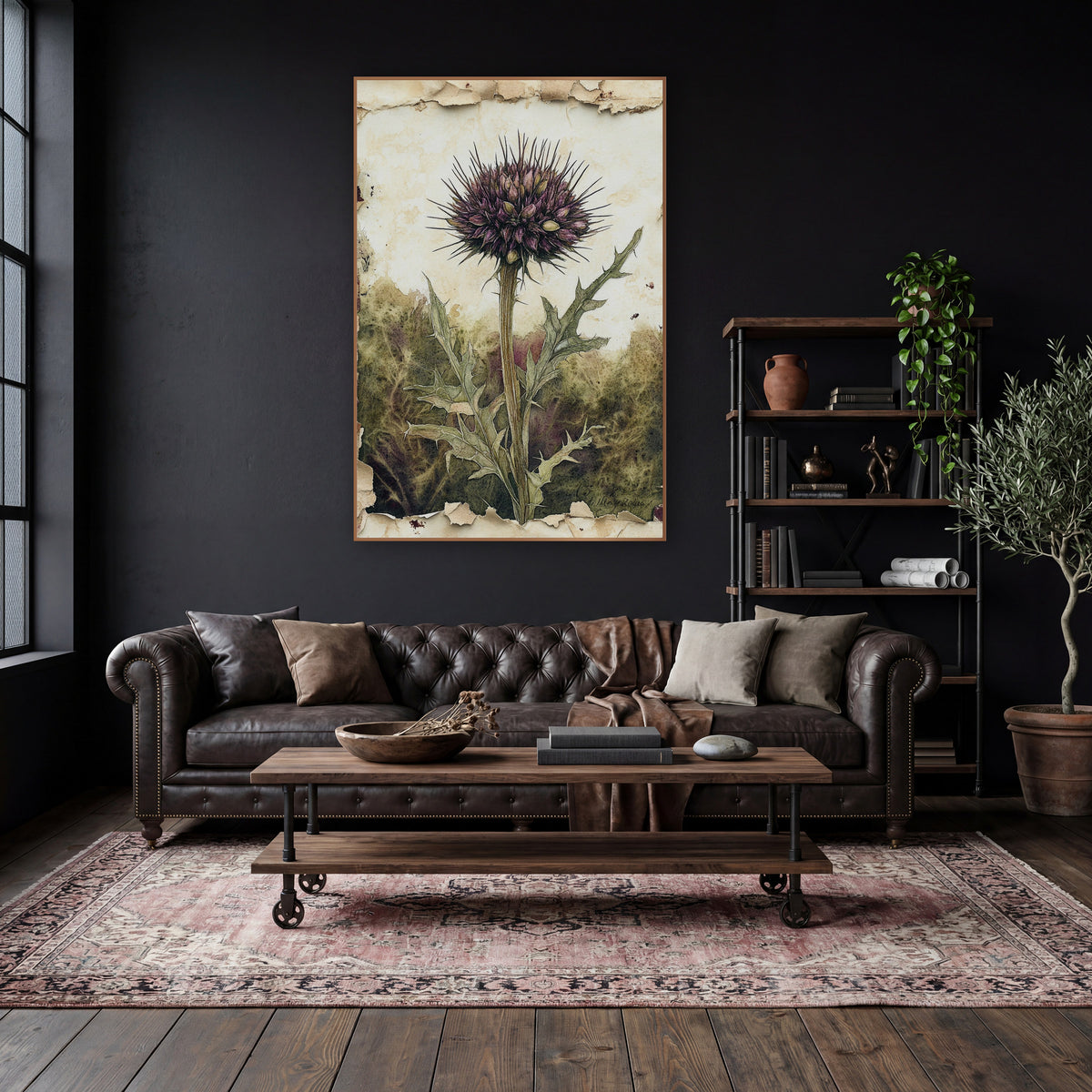 Purple Thistle Botanical Study wall art in a moody dark academia room – purple thistle bloom on a tall stem with spiky