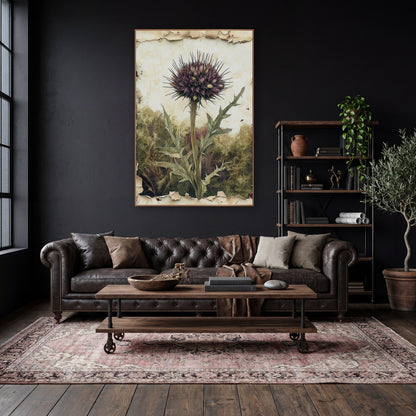 Purple Thistle Botanical Study wall art in a moody dark academia room – purple thistle bloom on a tall stem with spiky