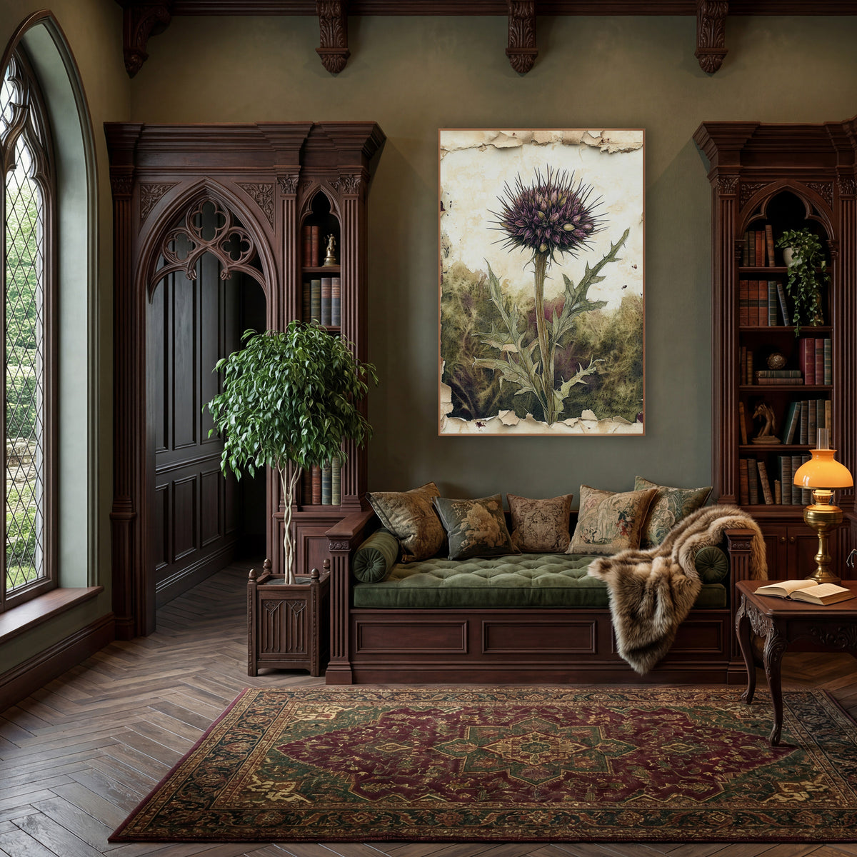 Purple Thistle Botanical Study wall art in a moody dark academia room – purple thistle bloom on a tall stem with spiky
