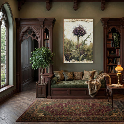 Purple Thistle Botanical Study wall art in a moody dark academia room – purple thistle bloom on a tall stem with spiky