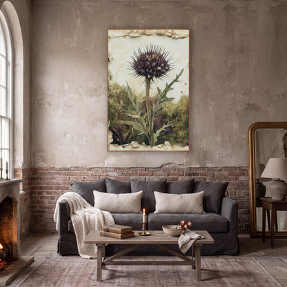 Purple Thistle Botanical Study wall art in a moody dark academia room – purple thistle bloom on a tall stem with spiky