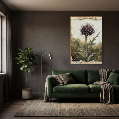 Purple Thistle Botanical Study wall art in a moody dark academia room – purple thistle bloom on a tall stem with spiky