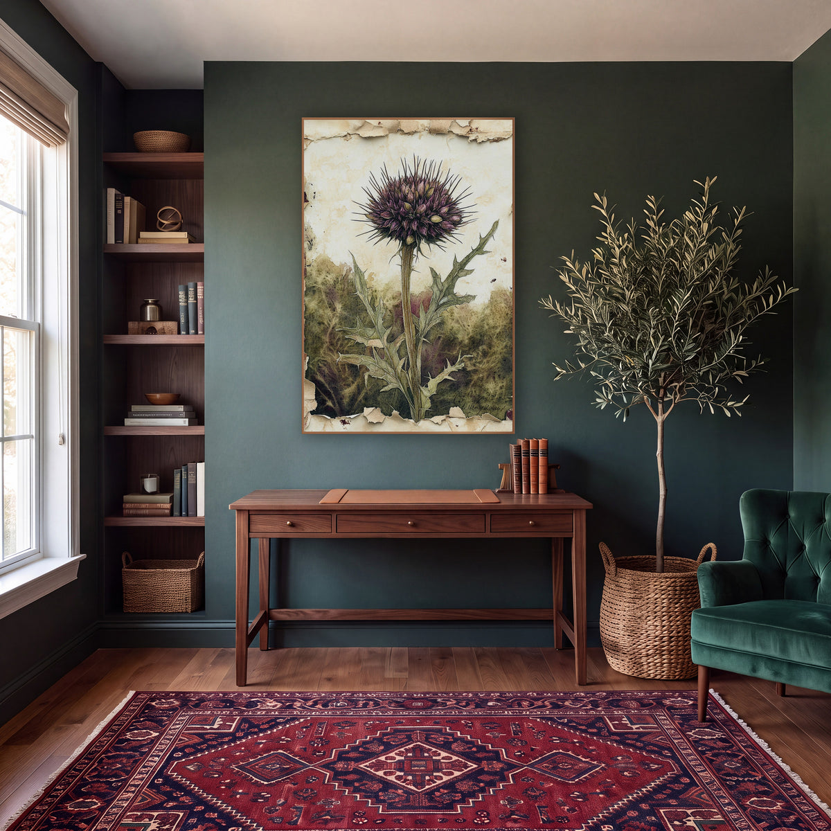 Purple Thistle Botanical Study wall art in a moody dark academia room – purple thistle bloom on a tall stem with spiky
