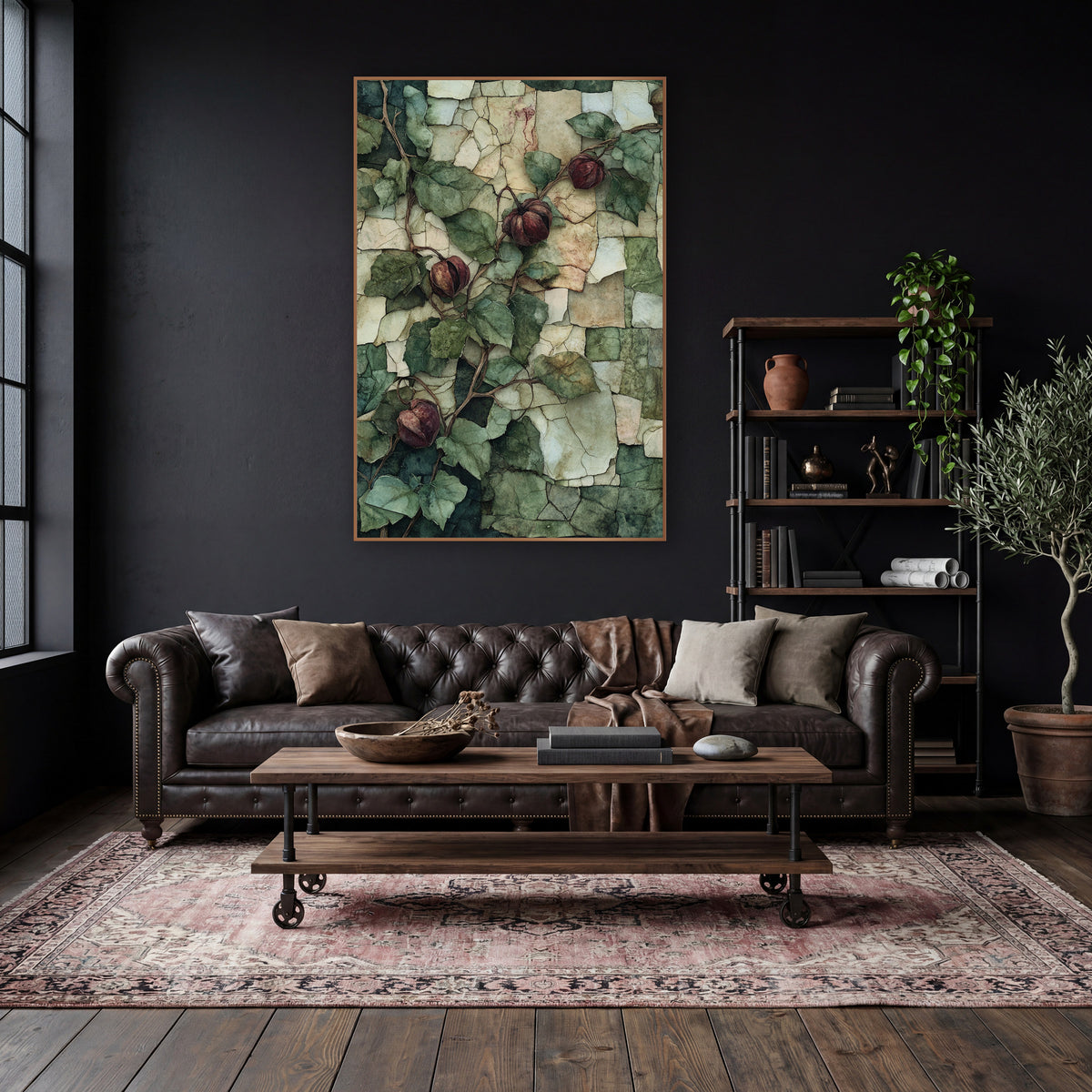 Burgundy Husk Vine Mosaic Botanical wall art in a moody dark academia room – climbing vine with green leaves