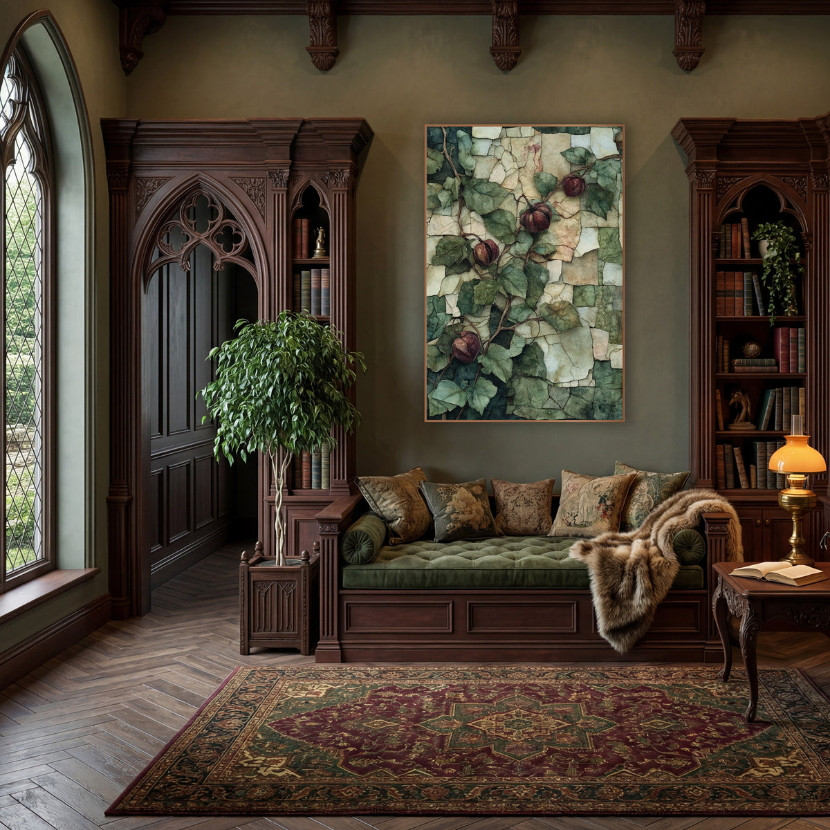 Burgundy Husk Vine Mosaic Botanical wall art in a moody dark academia room – climbing vine with green leaves