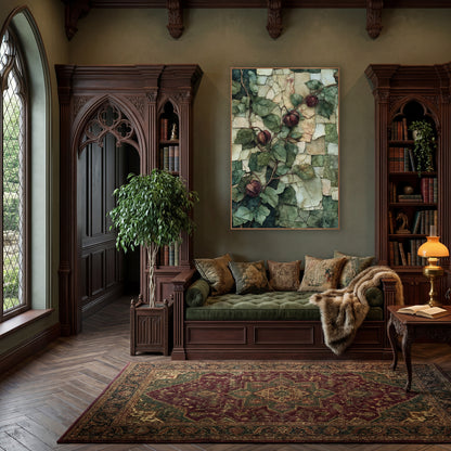 Burgundy Husk Vine Mosaic Botanical wall art in a moody dark academia room – climbing vine with green leaves