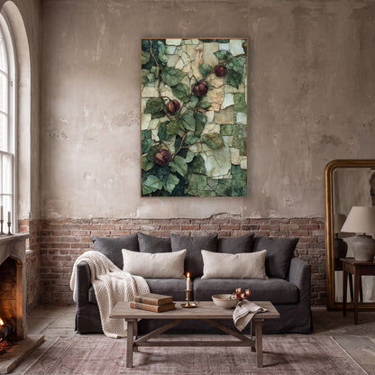 Burgundy Husk Vine Mosaic Botanical wall art in a moody dark academia room – climbing vine with green leaves