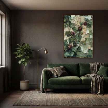 Burgundy Husk Vine Mosaic Botanical wall art in a moody dark academia room – climbing vine with green leaves