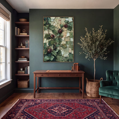 Burgundy Husk Vine Mosaic Botanical wall art in a moody dark academia room – climbing vine with green leaves