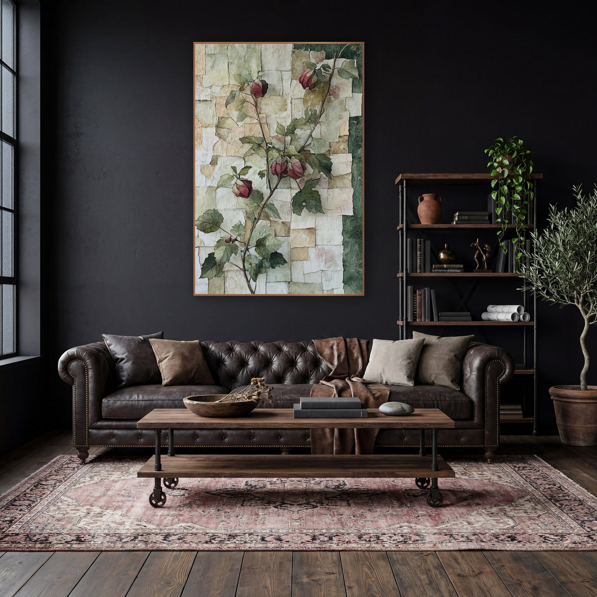 Crimson Bud Vine Botanical Collage wall art in a moody dark academia room – climbing vine with crimson buds and green