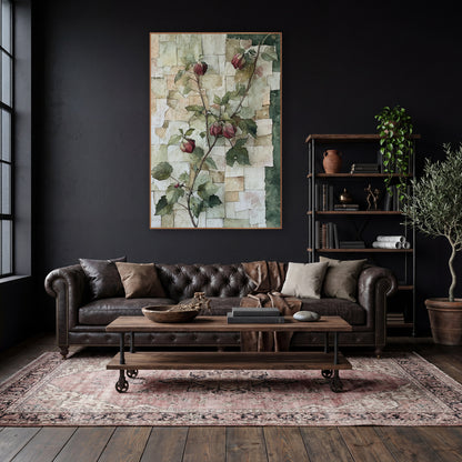 Crimson Bud Vine Botanical Collage wall art in a moody dark academia room – climbing vine with crimson buds and green