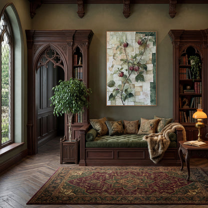 Crimson Bud Vine Botanical Collage wall art in a moody dark academia room – climbing vine with crimson buds and green