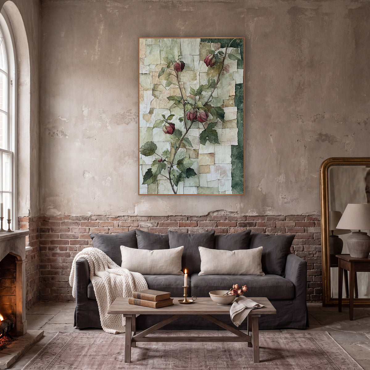 Crimson Bud Vine Botanical Collage wall art in a moody dark academia room – climbing vine with crimson buds and green