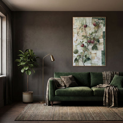 Crimson Bud Vine Botanical Collage wall art in a moody dark academia room – climbing vine with crimson buds and green