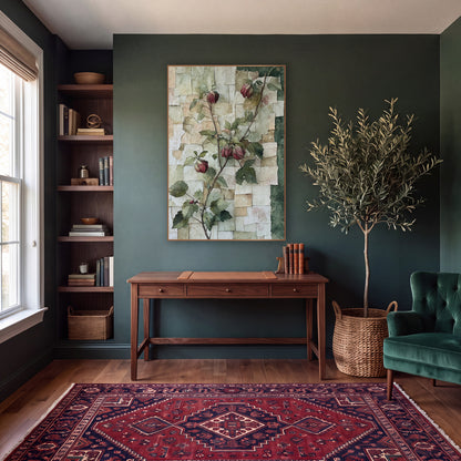 Crimson Bud Vine Botanical Collage wall art in a moody dark academia room – climbing vine with crimson buds and green