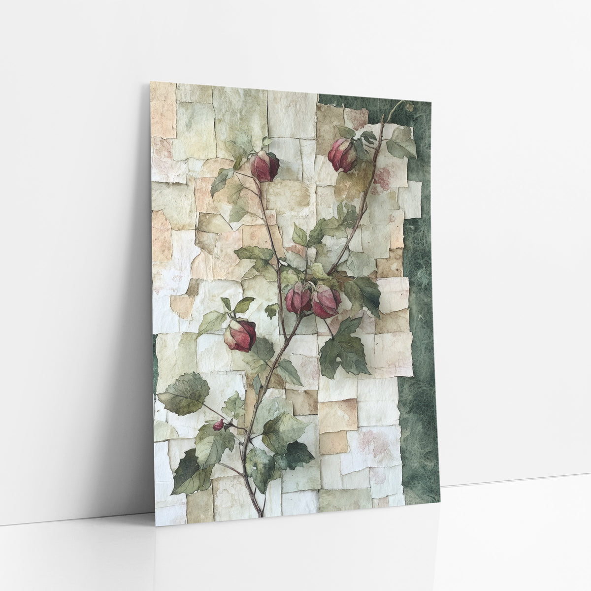 Crimson Bud Vine Botanical Collage art print leaning against a white wall – climbing vine with crimson buds and green leaves