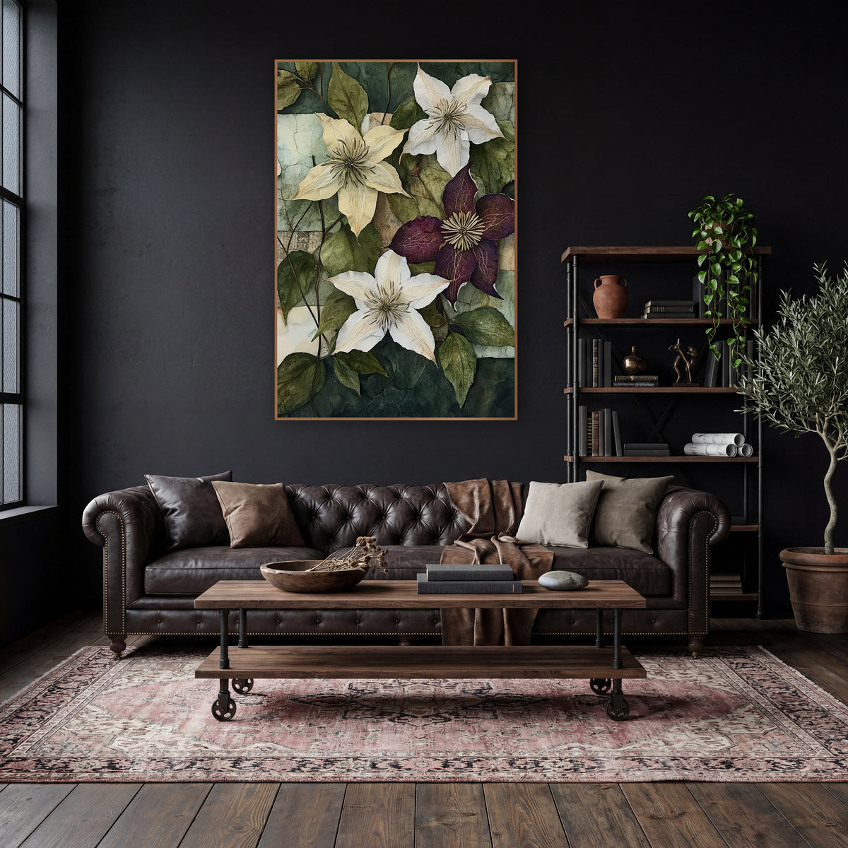 Cream Plum Clematis Collage Botanical wall art in a moody dark academia room – cream, white and plum clematis flowers