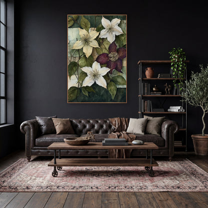 Cream Plum Clematis Collage Botanical wall art in a moody dark academia room – cream, white and plum clematis flowers