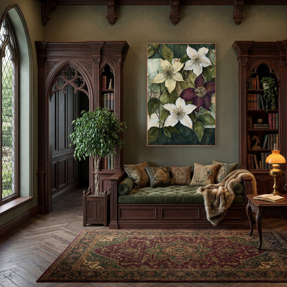 Cream Plum Clematis Collage Botanical wall art in a moody dark academia room – cream, white and plum clematis flowers