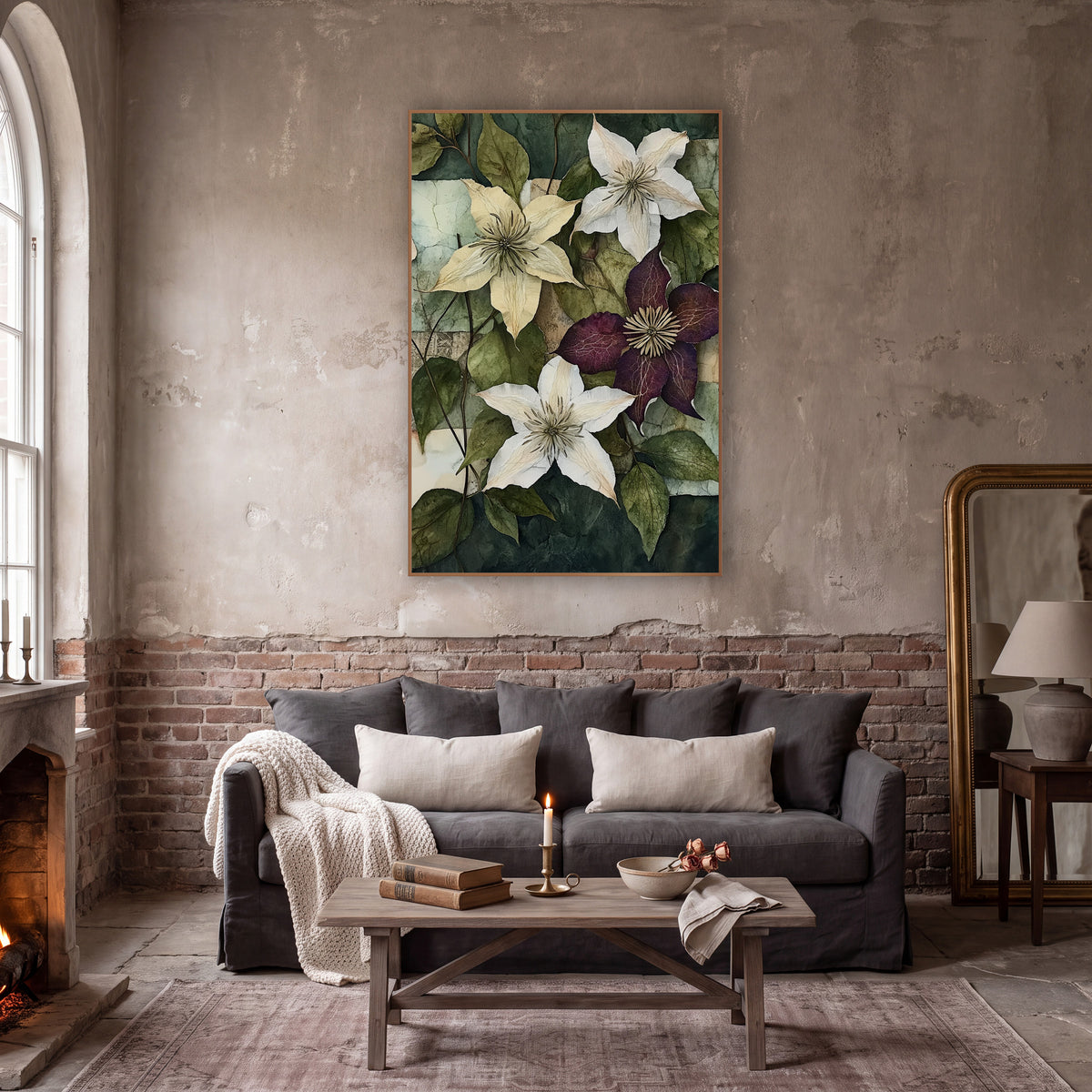 Cream Plum Clematis Collage Botanical wall art in a moody dark academia room – cream, white and plum clematis flowers