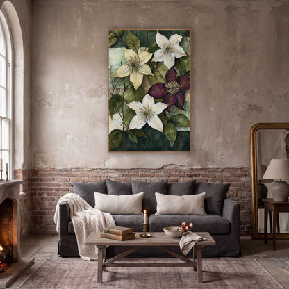 Cream Plum Clematis Collage Botanical wall art in a moody dark academia room – cream, white and plum clematis flowers