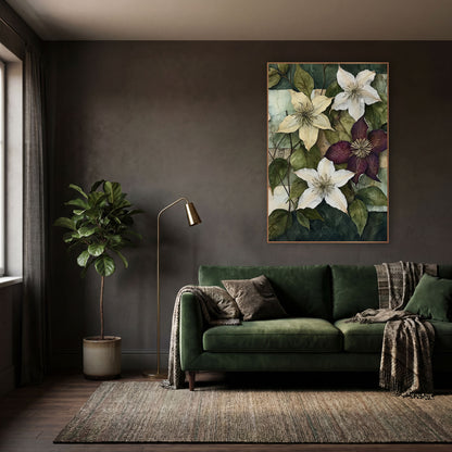 Cream Plum Clematis Collage Botanical wall art in a moody dark academia room – cream, white and plum clematis flowers