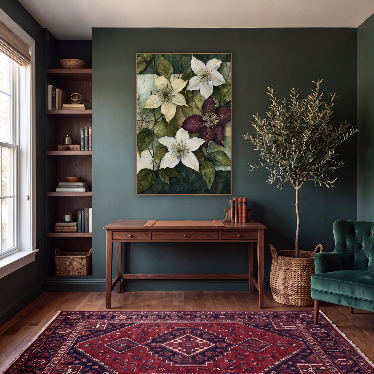 Cream Plum Clematis Collage Botanical wall art in a moody dark academia room – cream, white and plum clematis flowers
