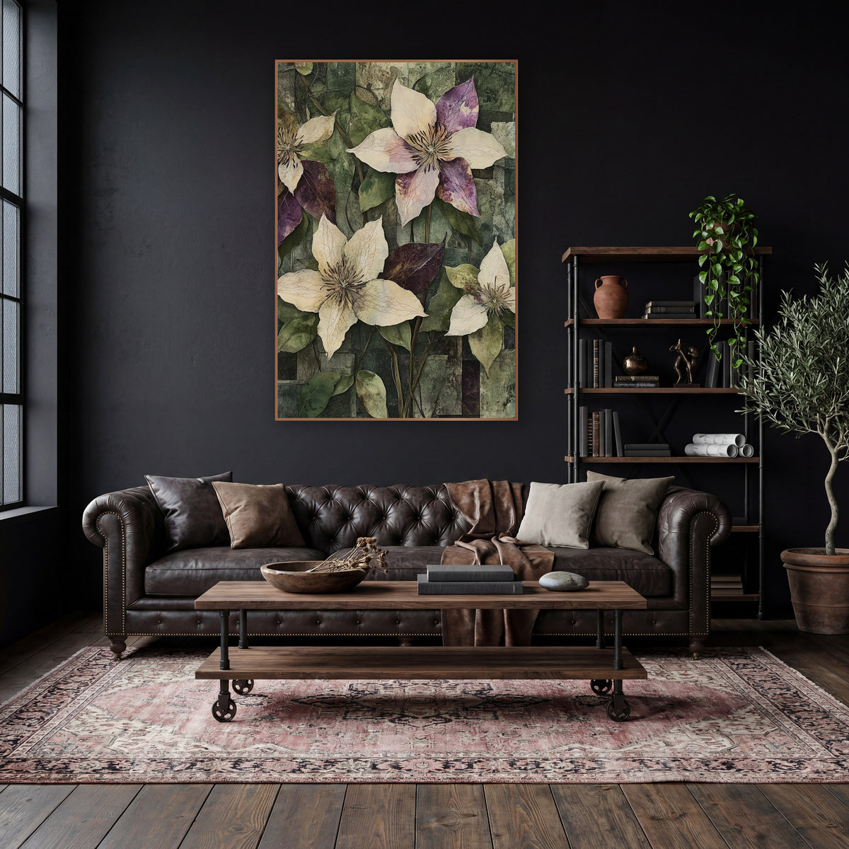 Plum and Cream Clematis Collage Botanical wall art in a moody dark academia room – four cream and plum clematis
