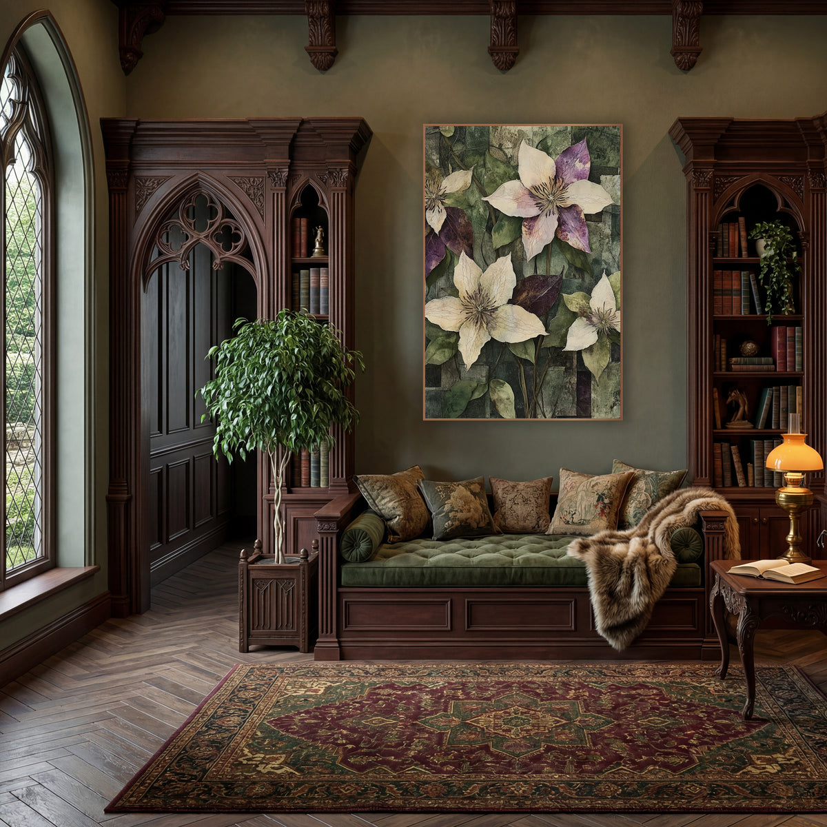 Plum and Cream Clematis Collage Botanical wall art in a moody dark academia room – four cream and plum clematis