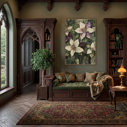 Plum and Cream Clematis Collage Botanical wall art in a moody dark academia room – four cream and plum clematis