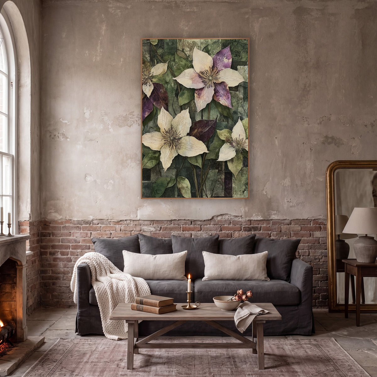 Plum and Cream Clematis Collage Botanical wall art in a moody dark academia room – four cream and plum clematis
