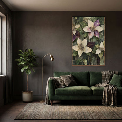 Plum and Cream Clematis Collage Botanical wall art in a moody dark academia room – four cream and plum clematis