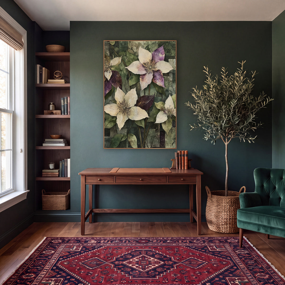 Plum and Cream Clematis Collage Botanical wall art in a moody dark academia room – four cream and plum clematis