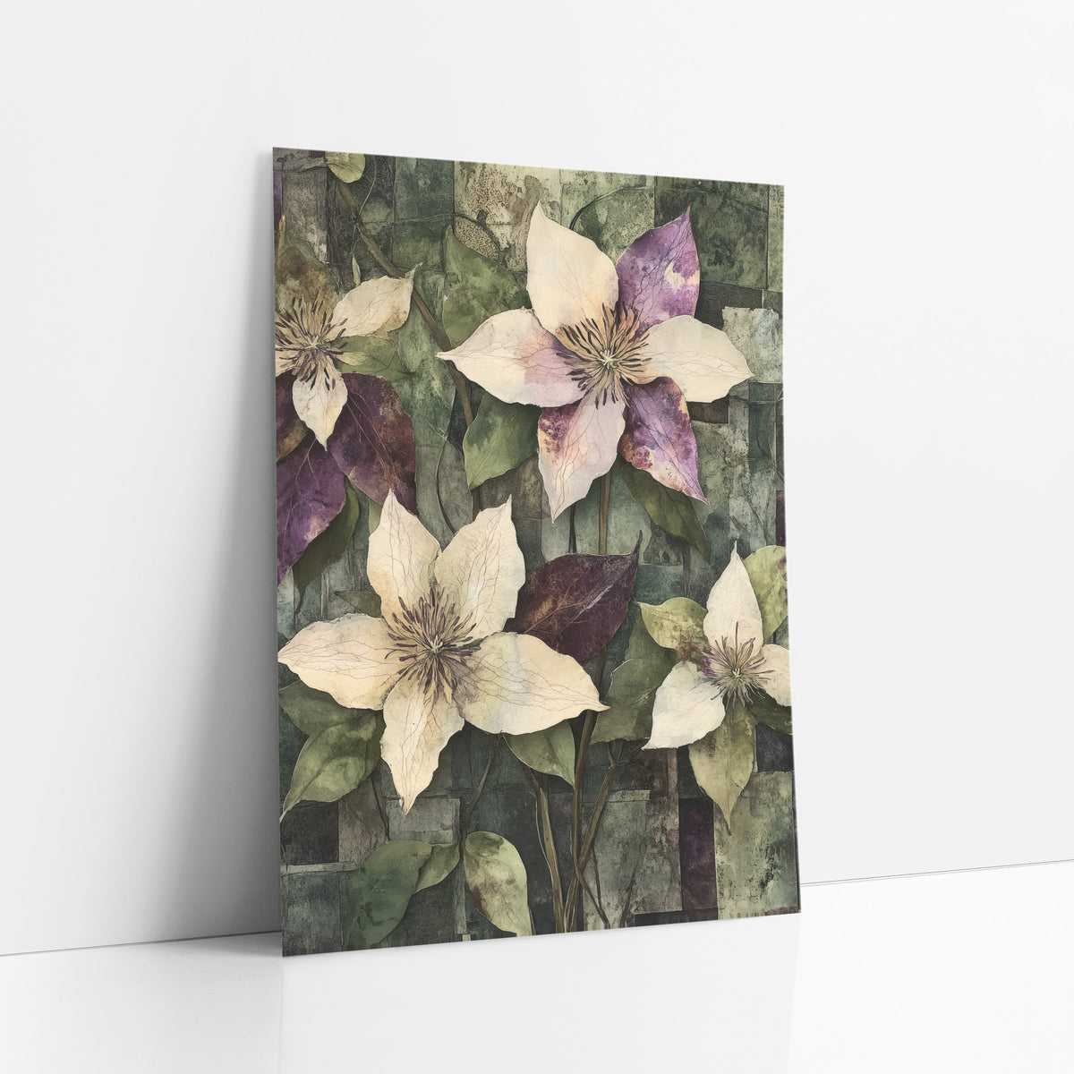 Plum and Cream Clematis Collage Botanical art print leaning against a white wall – four cream and plum clematis flowers