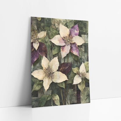 Plum and Cream Clematis Collage Botanical art print leaning against a white wall – four cream and plum clematis flowers