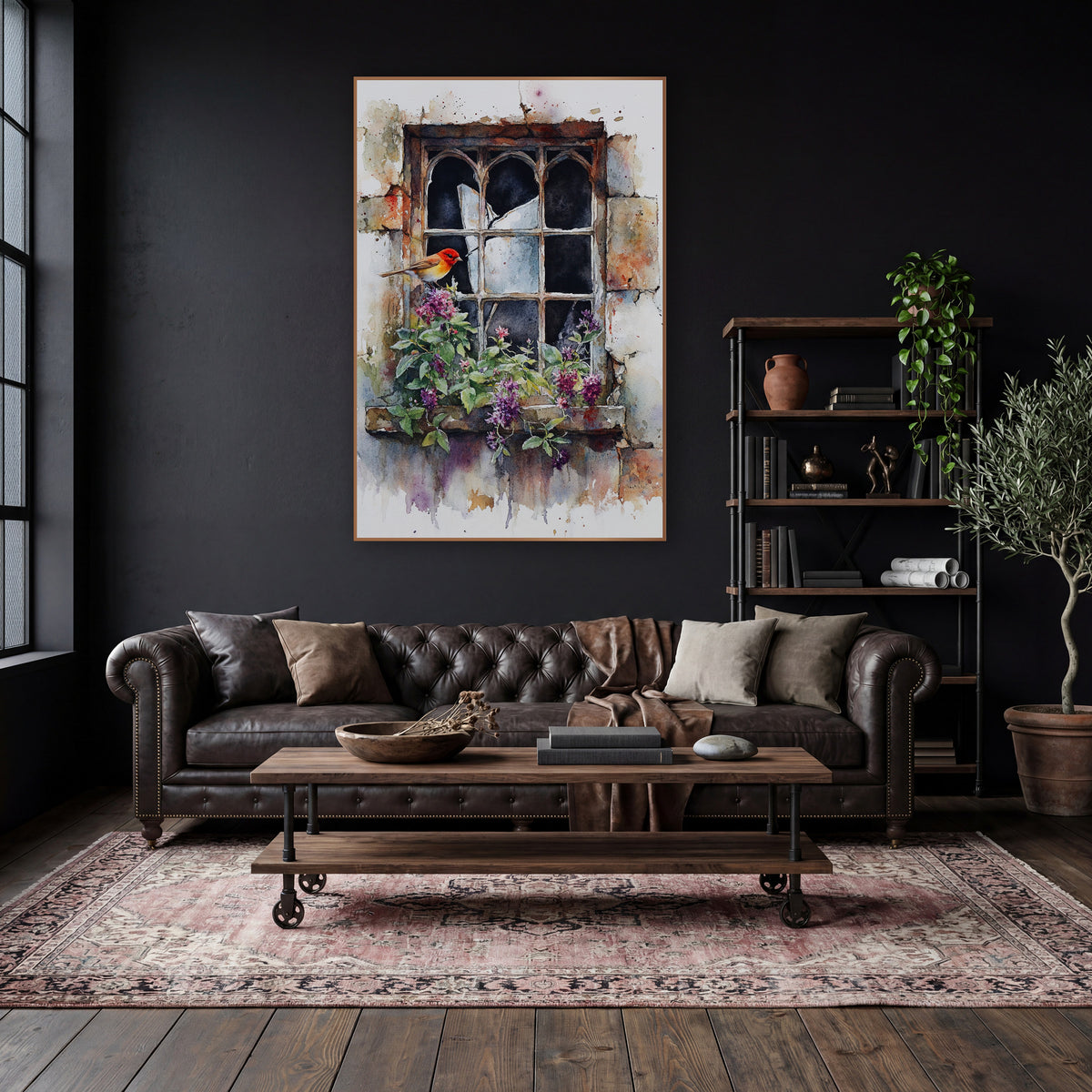Robin Broken Window Floral Watercolor wall art in a moody dark academia room – small orange-red bird beside a cracked