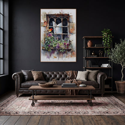 Robin Broken Window Floral Watercolor wall art in a moody dark academia room – small orange-red bird beside a cracked