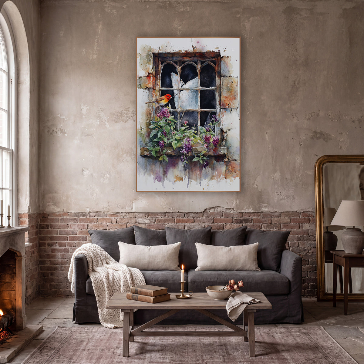 Robin Broken Window Floral Watercolor wall art in a moody dark academia room – small orange-red bird beside a cracked