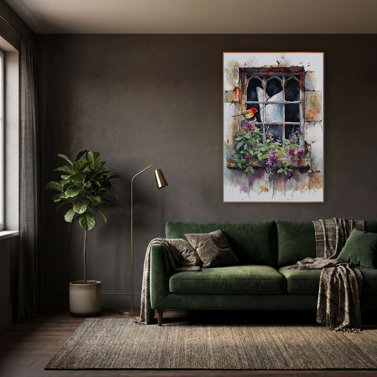 Robin Broken Window Floral Watercolor wall art in a moody dark academia room – small orange-red bird beside a cracked