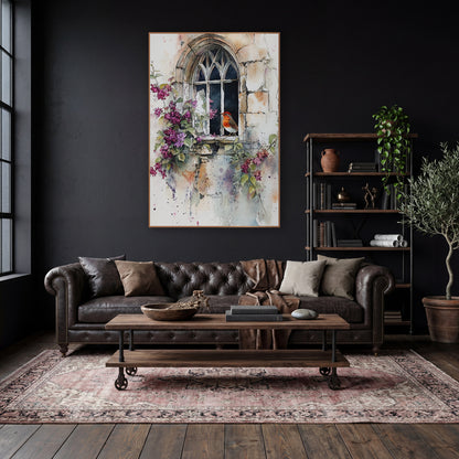 Robin Gothic Window Watercolor Floral wall art in a moody dark academia room – watercolor-style robin perched