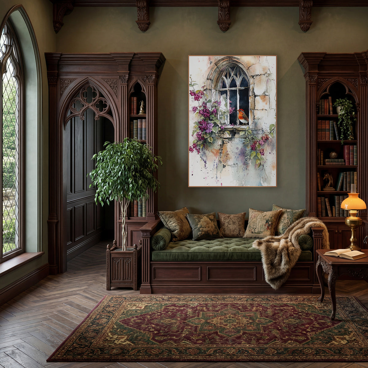 Robin Gothic Window Watercolor Floral wall art in a moody dark academia room – watercolor-style robin perched