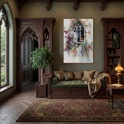 Robin Gothic Window Watercolor Floral wall art in a moody dark academia room – watercolor-style robin perched